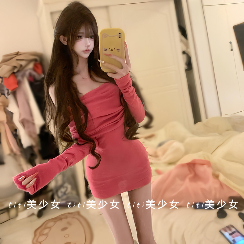 【TiTi美少女】纯欲风性感一字肩长袖连衣裙女春季收腰包臀裙子,女装/女士精品,大码内搭,淘宝优惠券,粉丝福利购,淘宝优惠卷