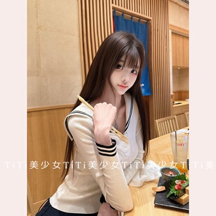 【TiTi美少女】秋季韩版撞色条纹海军领修身显瘦长袖针织衫上衣女
