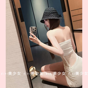 抹胸连衣裙修身 拼接网纱无袖 裙子纯欲收腰包臀短裙 TiTi美少女