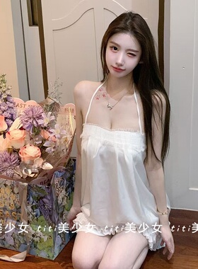 【TiTi美少女】小白花挂脖连衣裙纯欲白色蕾丝薄缎面宽松短裙