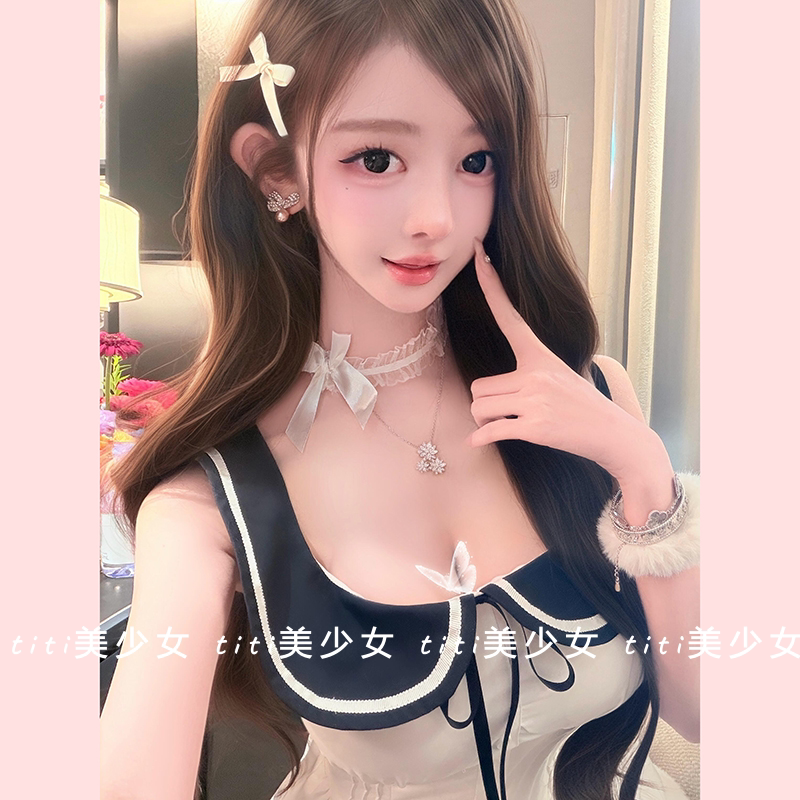 【TiTi美少女】纯欲学院风海军领无袖连衣裙撞色显瘦收腰a字短裙