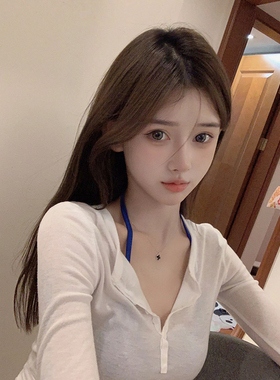 【TiTi美少女】白色微透防晒罩衫春季长袖T恤修身纯欲性感V领上衣