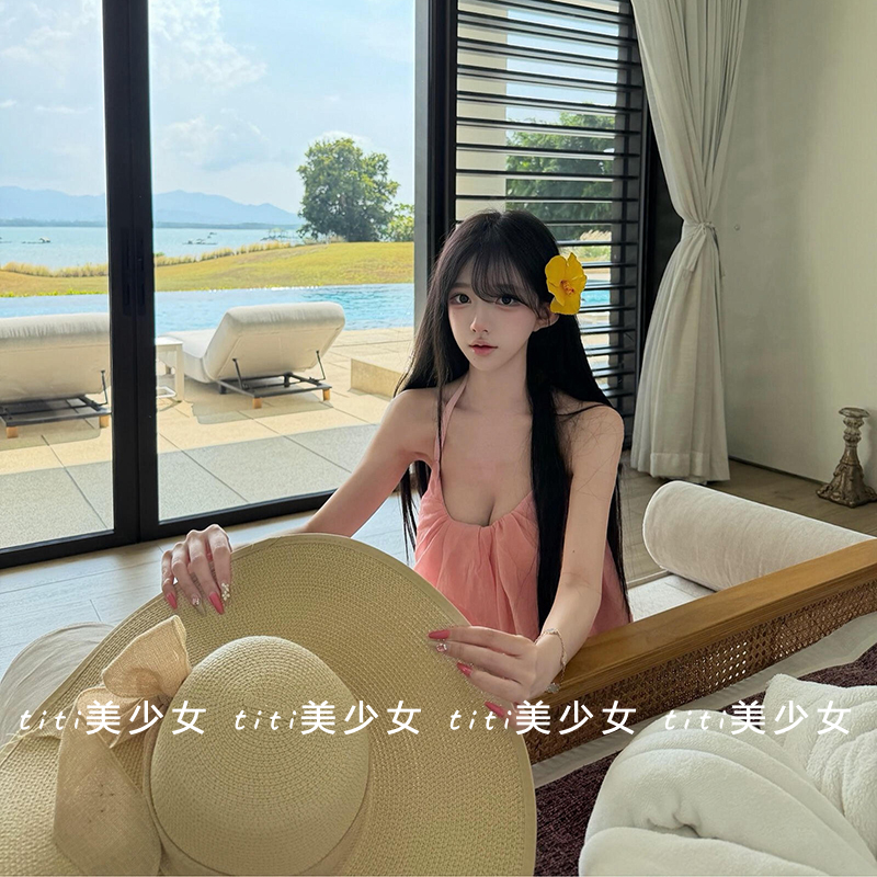 【TiTi美少女】花苞娇嫩桃粉花苞挂脖系带连衣裙夏季宽松遮肉短裙