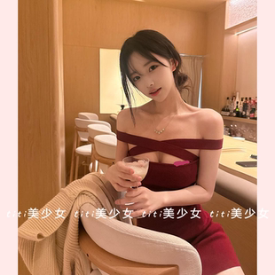 【TiTi美少女】红色一字肩性感连衣裙辣妹绑带挂脖针织包臀短裙子