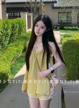 法式田园风格子吊带背心