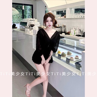 【TiTi美少女】纯欲风性感灯笼袖雪纺衬衫开衫女装深V领长袖上衣