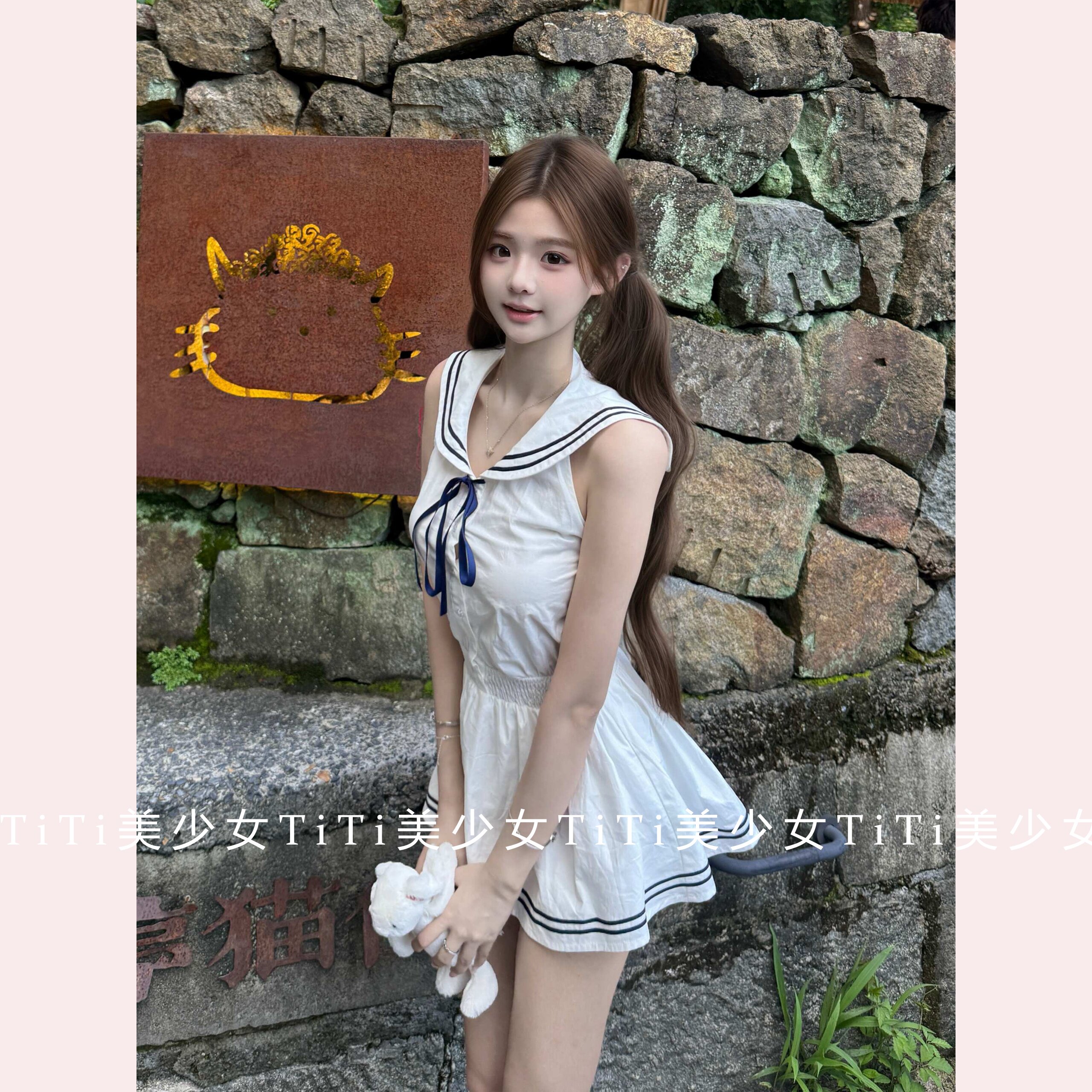 【TiTi美少女】学院风夏季露背海军领连衣裙甜美减龄设计感短裙女
