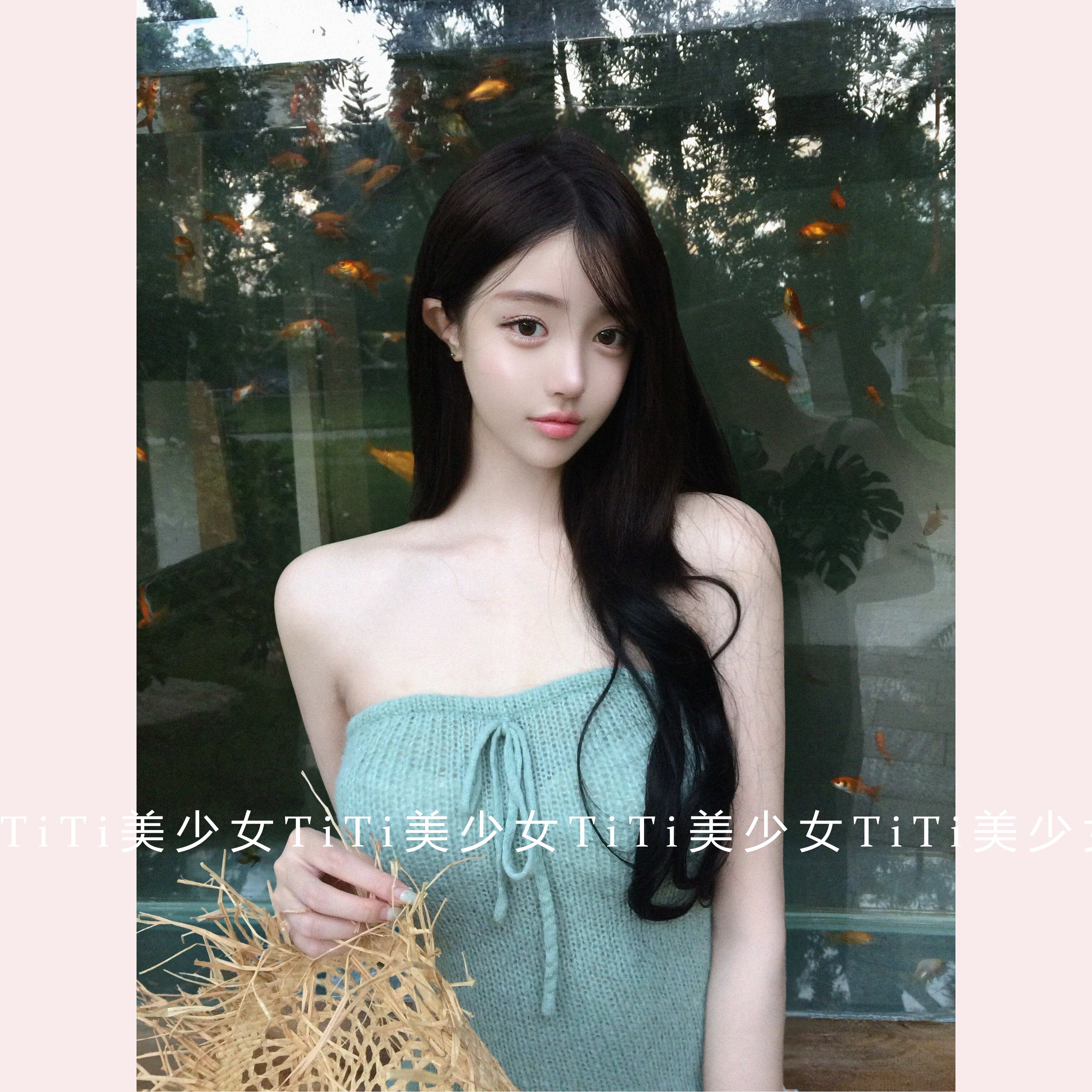 【TiTi美少女】纯欲小白花清冷感抹胸薄荷绿收腰显瘦辣妹针织上衣