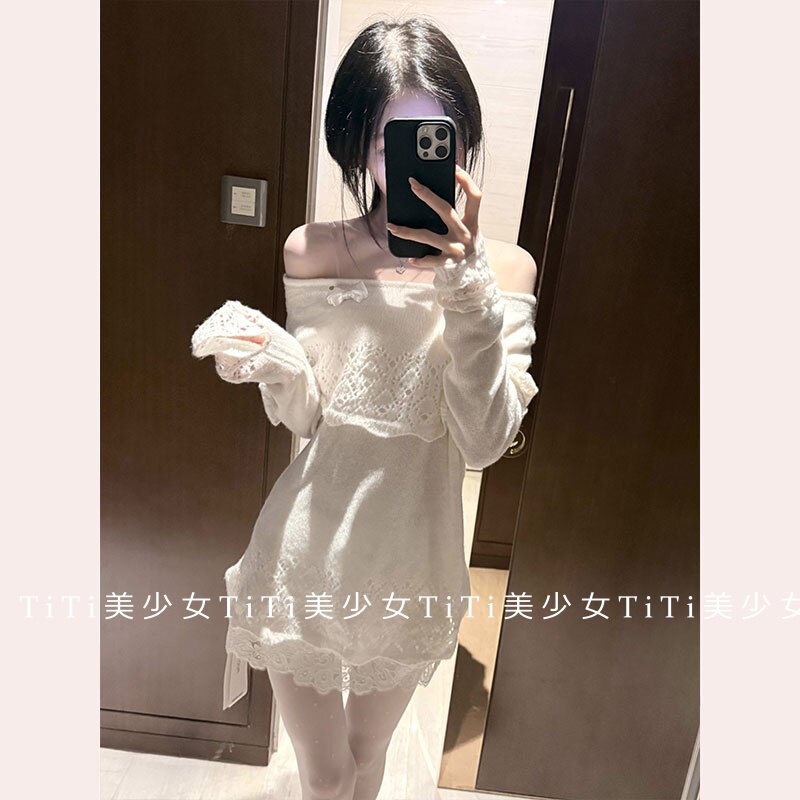 【TiTi美少女】秋季软糯一字肩镂空羊毛上衣连衣裙纯欲性感包臀裙