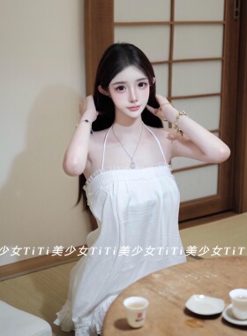【TiTi美少女】纯欲风小白花挂脖连衣裙女白色蕾丝薄缎面宽松短裙