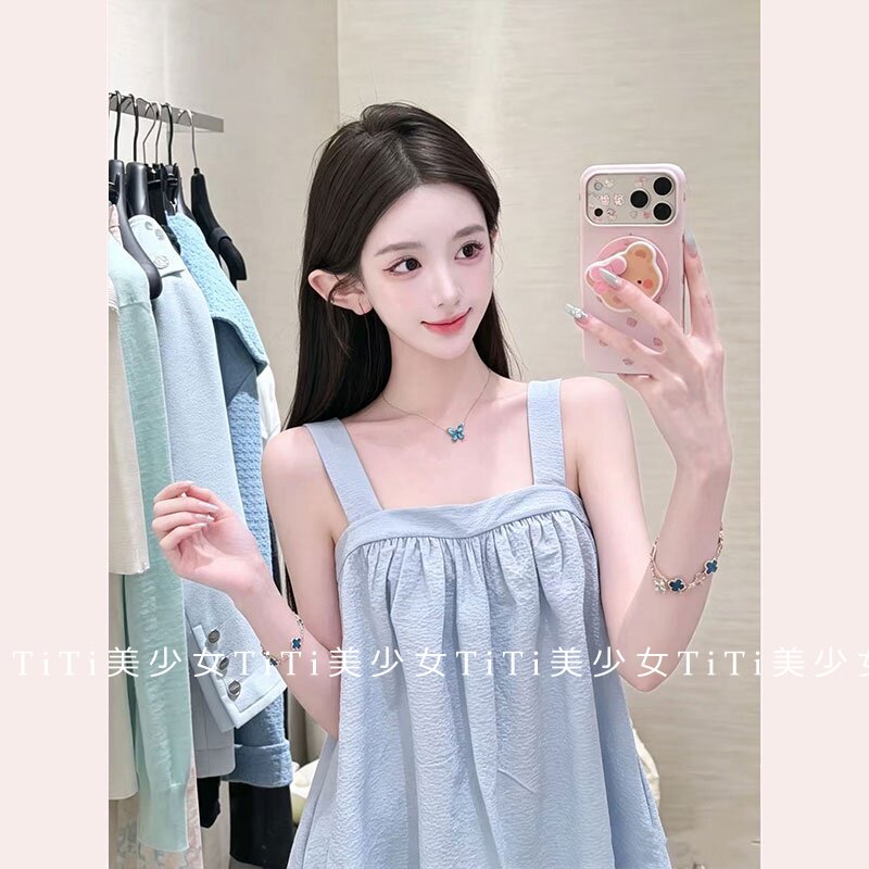 【TiTi美少女】纯欲baby蓝少女法式吊带连衣裙甜美后背交叉短款裙