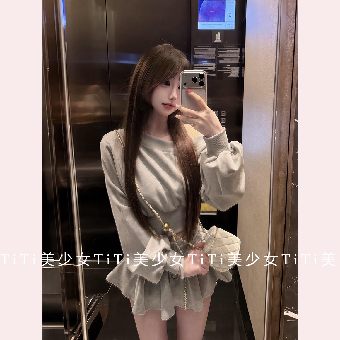 【TiTi美少女】斜领露肩直筒长袖卫衣+松紧腰荷叶边半身裙套装女