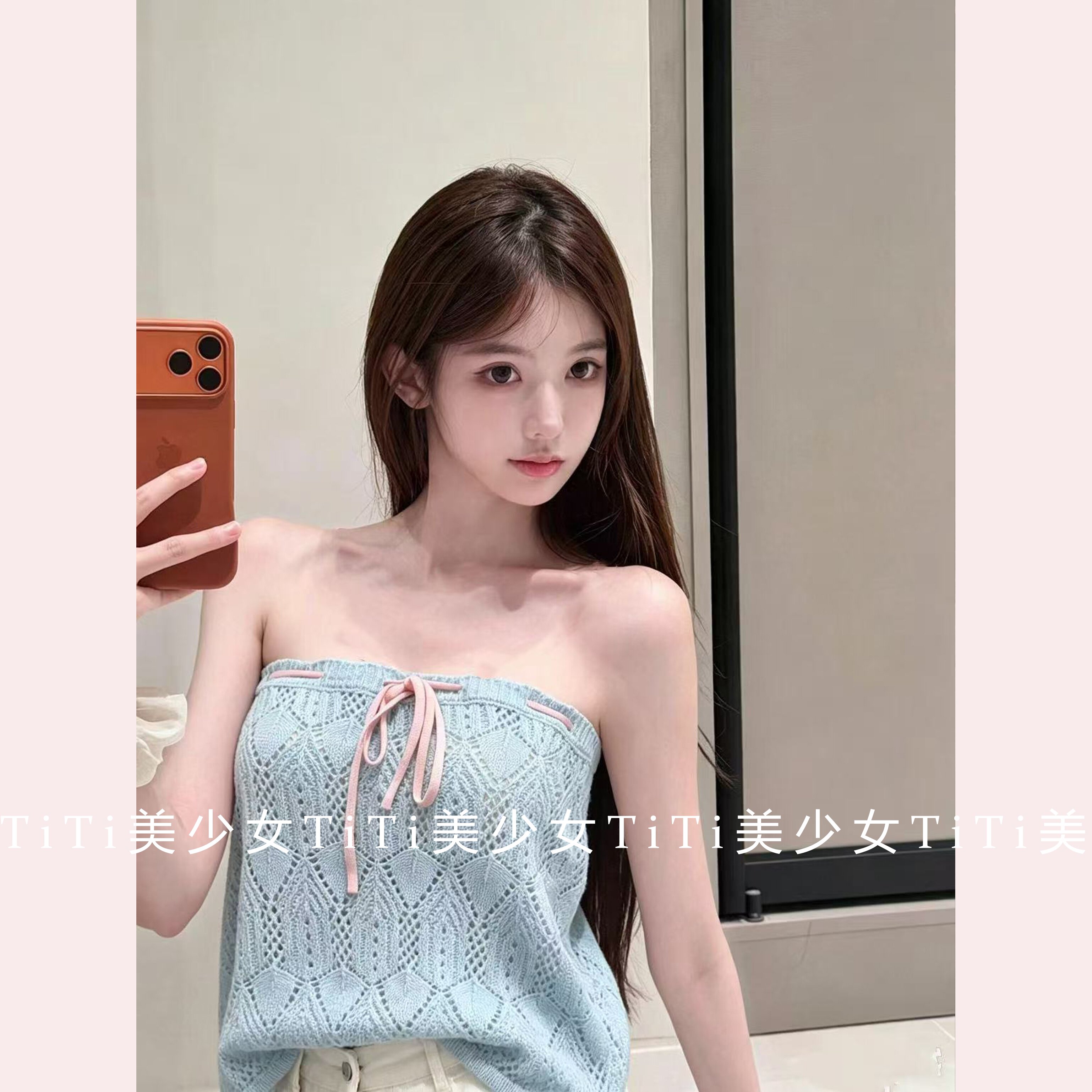 【TiTi美少女】系带镂空针织抹胸背心女秋冬短款宽松无袖打底上衣