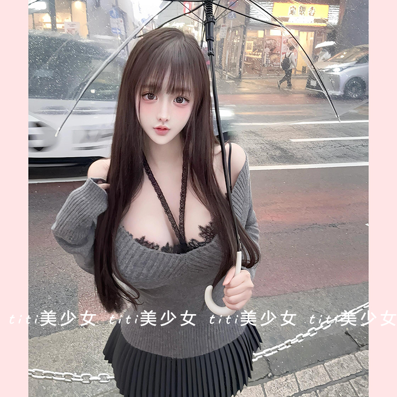 v领针织毛衣女蕾丝挂脖背心