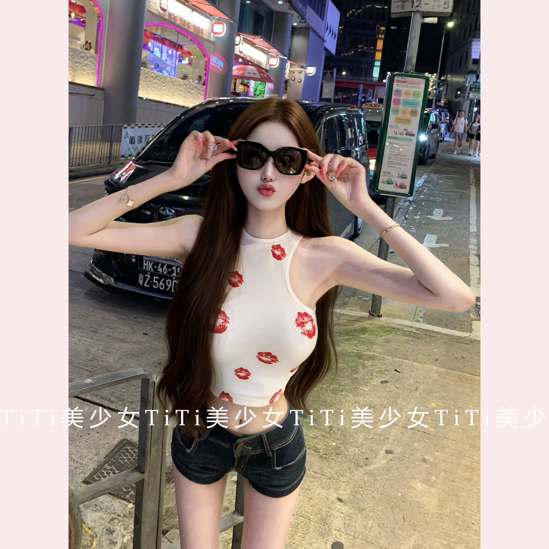 【TiTi美少女】唇印挂脖印花背心纯欲风辣妹修身短款无袖上衣女装