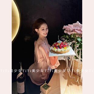 【TiTi美少女】花三三同款修身显瘦一字领露背A字喇叭袖连衣裙女