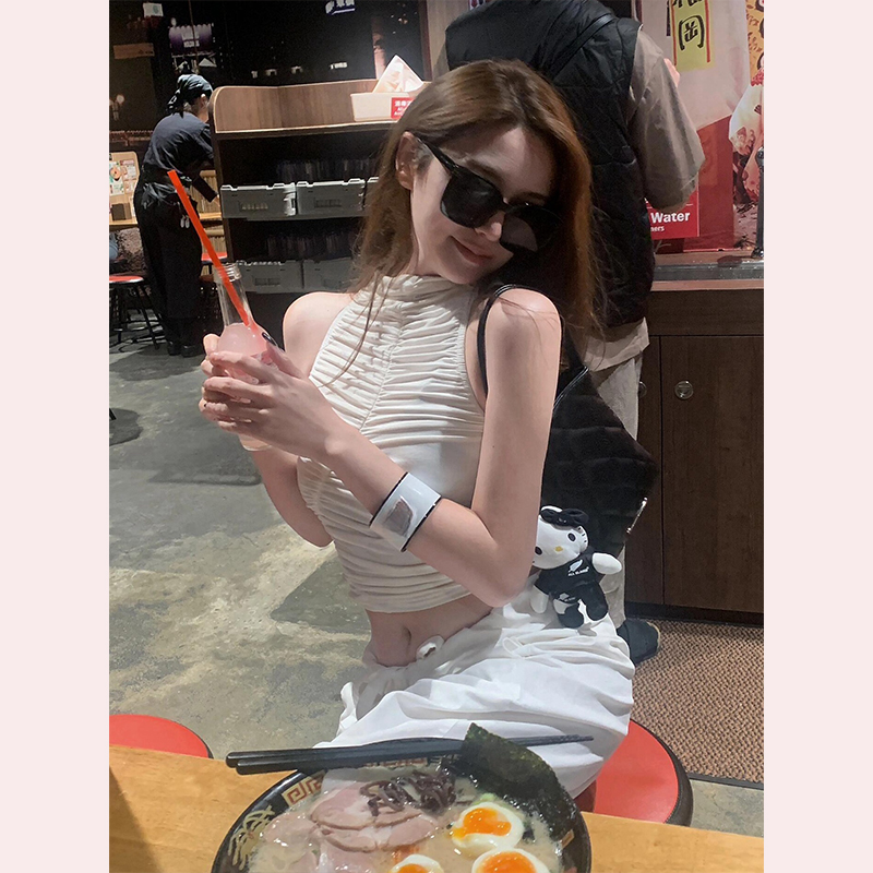 纯欲性感辣妹褶皱立领无袖背心