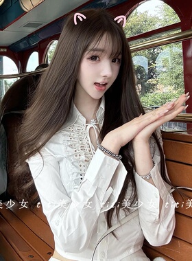 【TiTi美少女】纯欲风白色法式绣花镂空衬衫绑带春季设计感上衣