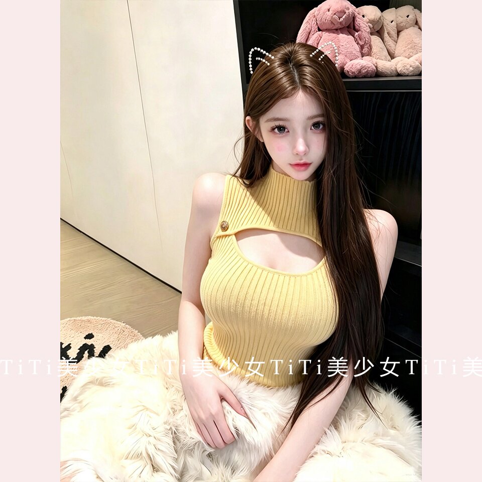 【TiTi美少女】纯欲风镂空打底半高领弹力嫩黄色无袖背心内搭上衣