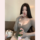 TiTi美少女 灰色坑条方领内搭长袖 针织衫 女春季 吊带上衣两件套