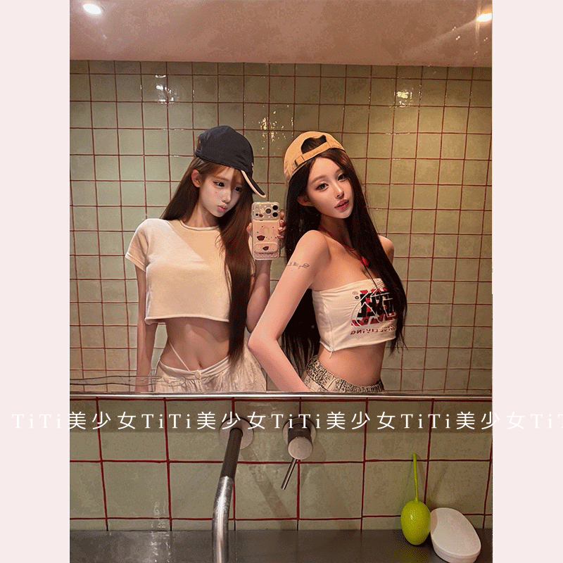 【TiTi美少女】纯欲风松弛宽松短袖卷边T恤女秋冬露脐短袖上衣