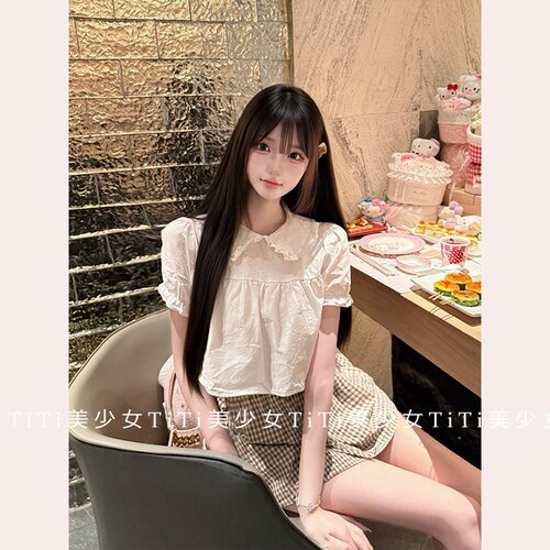 娃娃领短袖短款女衬衫