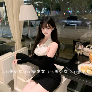 【TiTi美少女】纯欲风气质名媛假两件修身包臀裙露肩打底连衣裙秋