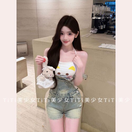 美式复古y2k水洗牛仔背带短裤女