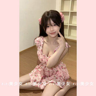 田园一字领短袖 法式 印花高腰连衣裙甜美防走光短裙 TiTi美少女