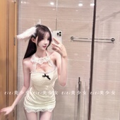 蕾丝拼接挂脖连衣裙女修身 TiTi美少女 短裙杏色紧身包臀裙子