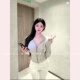 TiTi美少女 开衫 条纹修身 纯欲显胸大短款 上衣 拉链连帽外套春季