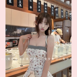 蛋糕裙 TiTi美少女 纯欲风卡通印花拼接吊带连衣裙弹力收腰修身