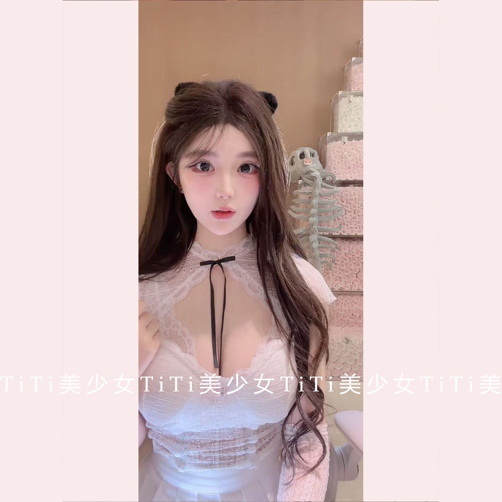 【TiTi美少女】秋季蕾丝衫蝴蝶结镂空袖套修身辣妹短款白色上衣女