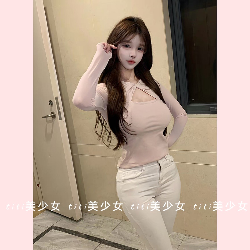 长袖复古修身上衣女v领美背