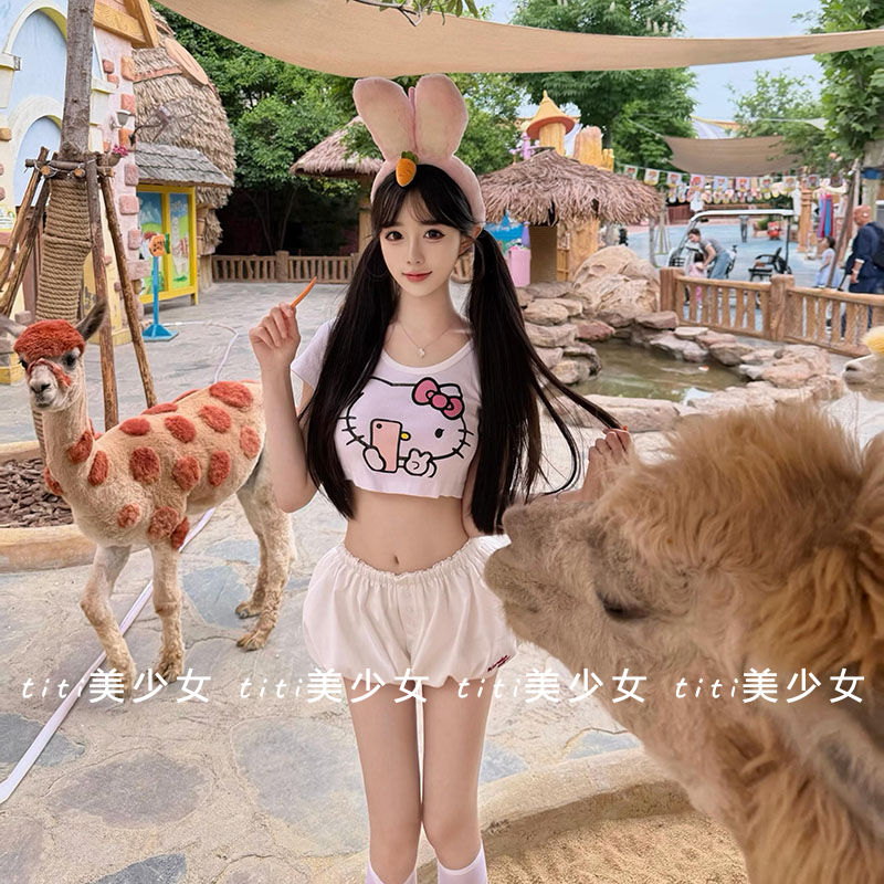 【TiTi美少女】夏季美式辣妹Kitty印花露脐紧身t恤内搭上衣女装