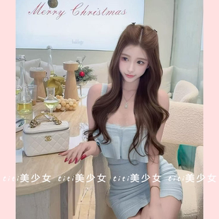 性感吊带包臀裙 定染玻璃蓝荷叶边弹力针织收腰修身 TiTi美少女