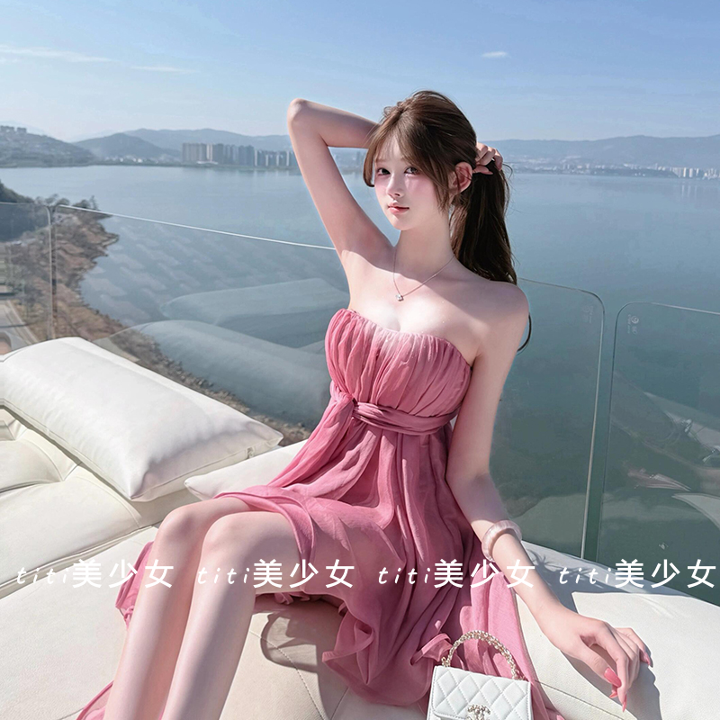 【TiTi美少女】玫红色飘带无袖抹胸连衣裙雪纺裙子甜美宽松短裙