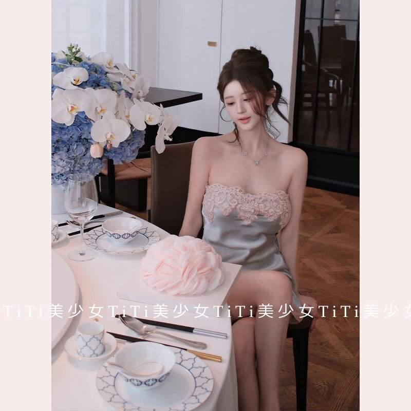 【TiTi美少女】温柔娇媚清冷法式花纹蕾丝缎面抹胸裙女矜贵连衣裙