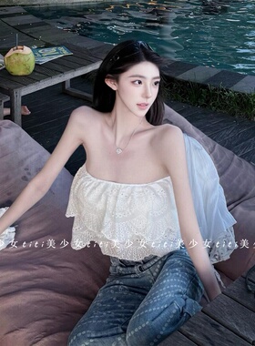 【TiTi美少女】法式嗲妹时尚休闲女春季镂空刺绣白色裹胸上衣女装