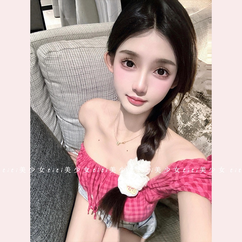短袖夏季修身泡泡袖绑带上衣