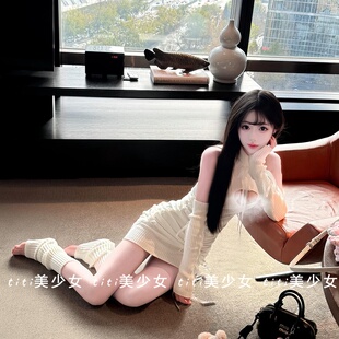 套针织挂脖连衣裙绑带修身 露背袖 裙子纯欲包臀短裙 TiTi美少女