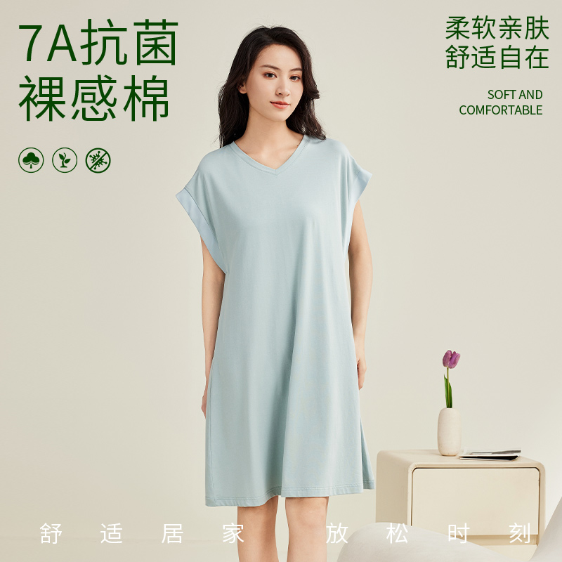 派邦奴2024新款睡裙女夏季裸感棉薄款夏天蝙蝠袖短袖睡衣家居服