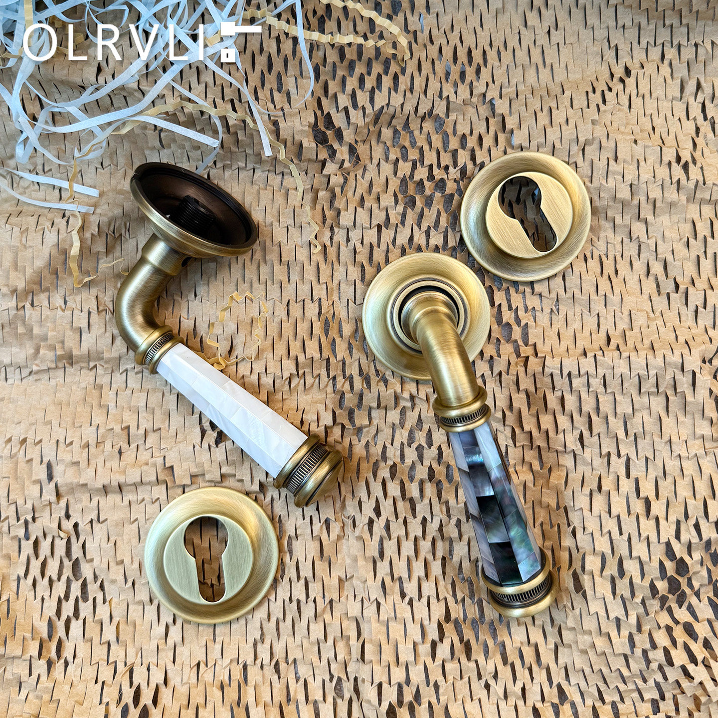 olrvli中古贝母门锁法式黄铜做旧古铜色静音锁美式贝壳双开门锁