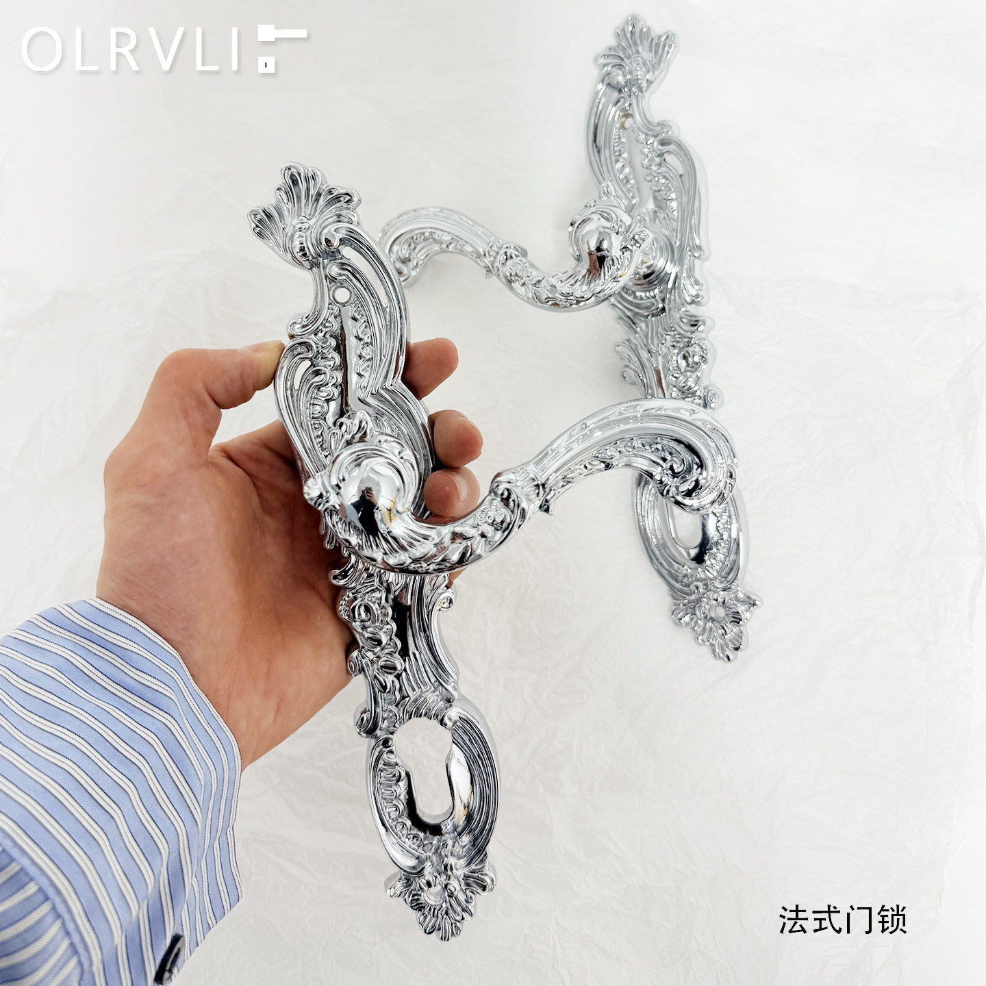 olrvli黄铜复古法式磁吸门锁欧式雕花镀铬银色门把手中古双开门锁