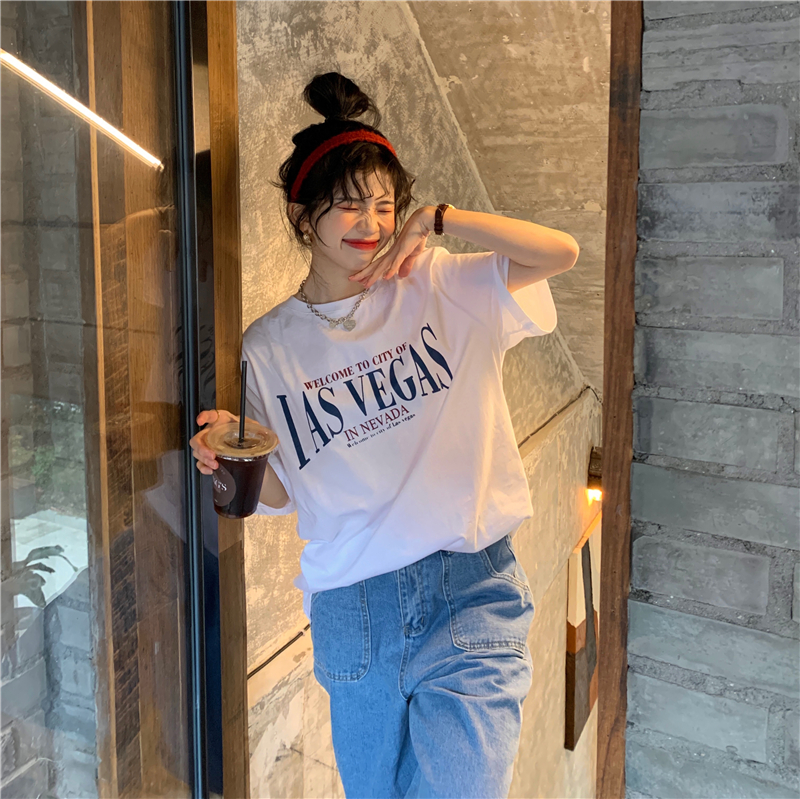 Real price ~ foreign style ins letter printing T loose personality leisure thin bottomed shirt for women