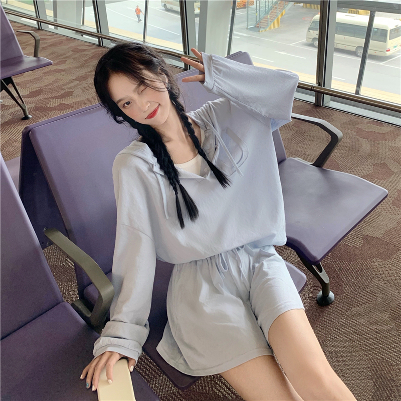 Real price ~ summer sports suit with drawstring hooded cardigan + casual shorts + bottomed vest