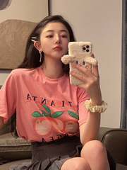 實拍實價~  美式復古水蜜桃粉色印花短袖T恤女潮ins寬鬆上衣