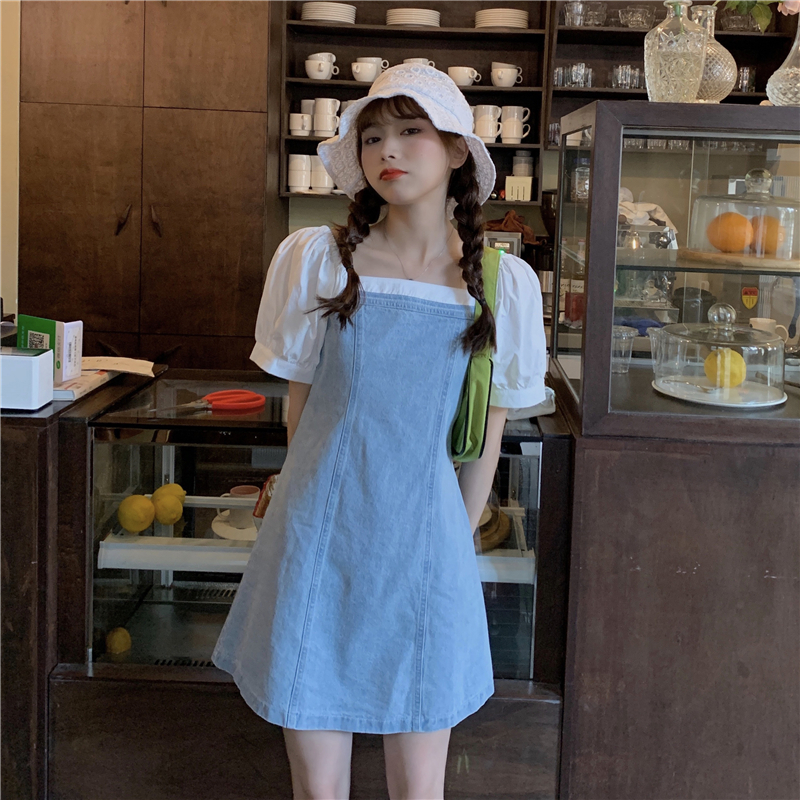 Real price ~ Hong Kong style retro design back zipper splicing square neck waist denim dress