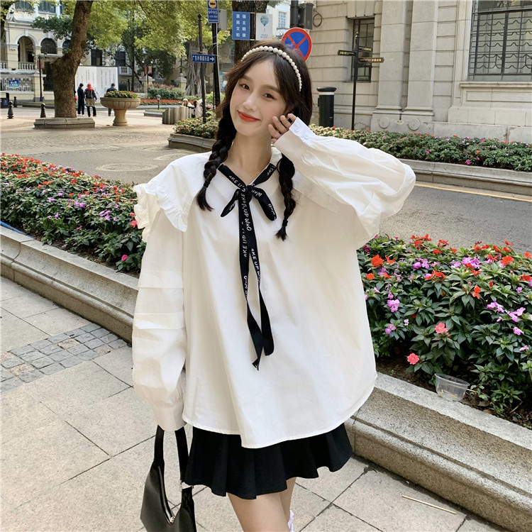 实拍实价 2332#韩版木耳边大翻领泡泡袖衬衫宽松显瘦海军风娃娃衫