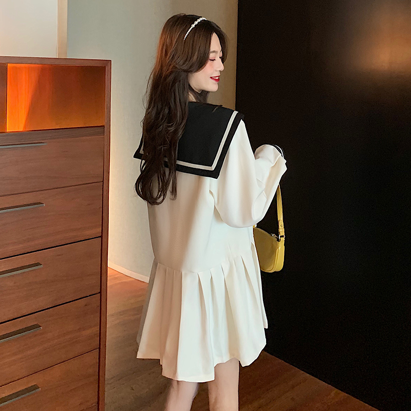 Real price ~ chic relaxed Navy style slim skirt versatile long sleeve Pleated Dress